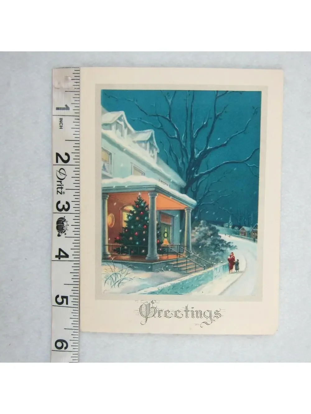 Vintage Litho Greeting Christmas Card & Envelope Snowy Night House Tree UNSIGNED